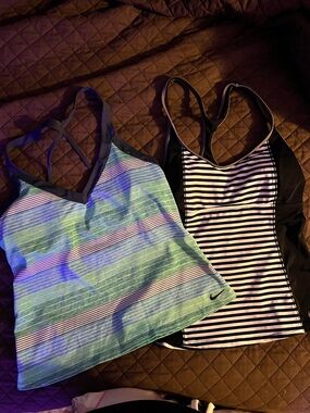 Nike Striped Racerback Swim Tankini in Teal & Black/White